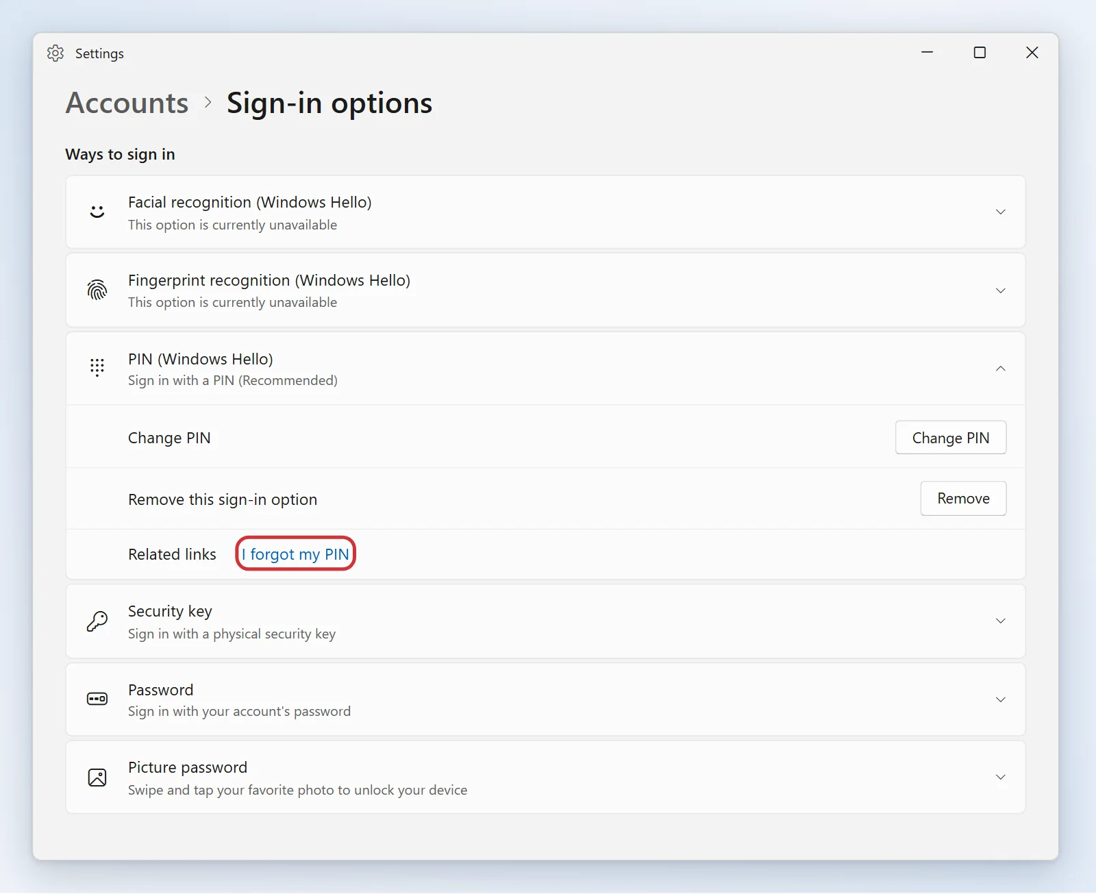 Sign-in options page in Settings with PIN (Windows Hello) expanded, showing Change PIN, Remove and the I forgot my PIN link