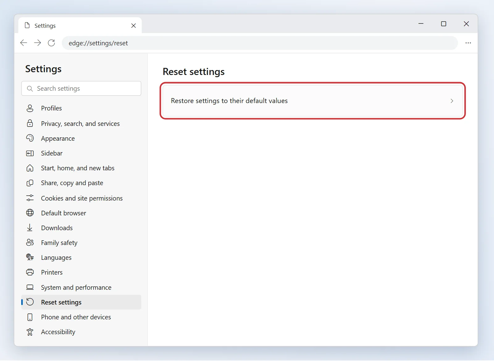 Browser Settings on the Reset settings page with the "Restore settings to their default values" option