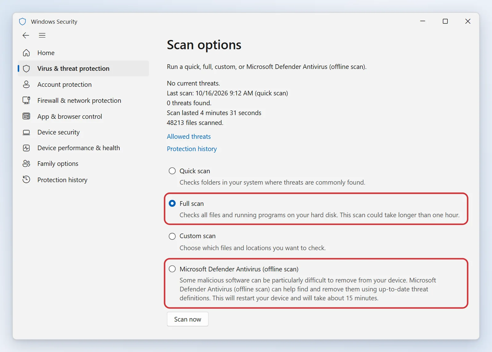 Windows Security Scan options page listing Quick scan, Full scan, Custom scan and Microsoft Defender Antivirus (offline scan), with the Scan now button