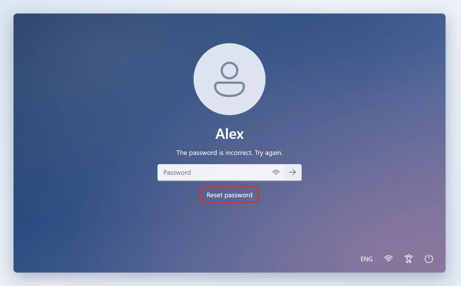 Windows sign-in screen for the local account Alex with the message "The password is incorrect. Try again." and the Reset password link under the password box